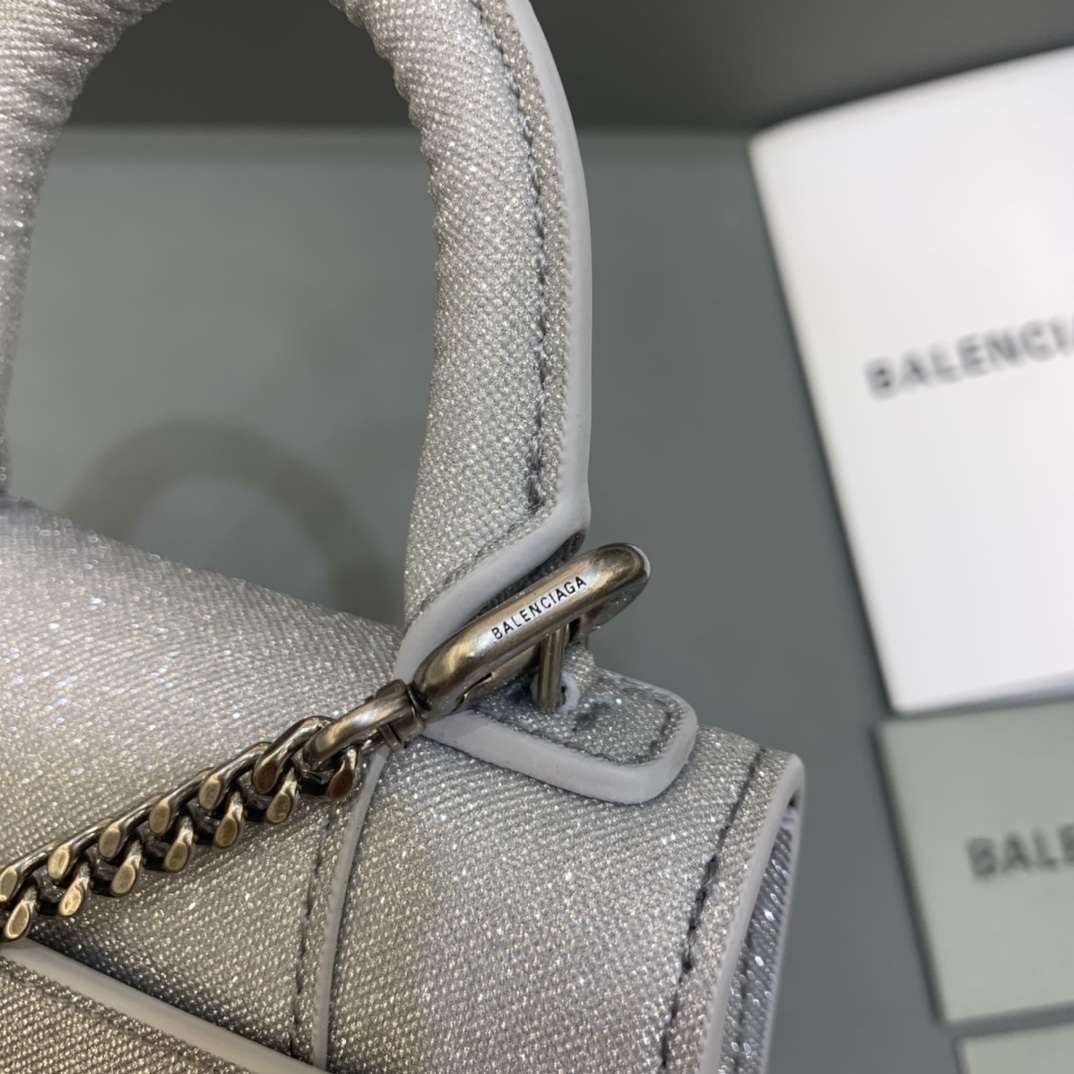 Balenciaga Hourglass Mini Handbag With Chain Calfskin Shoulder Bag Silver gray